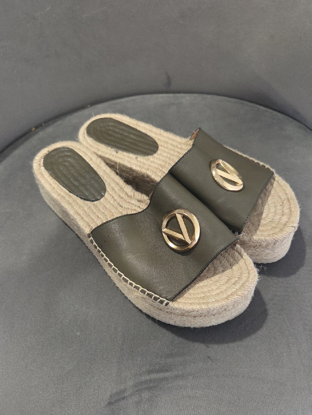 Valentino Olive Leather Platform Slide Sandals with Gold Accent